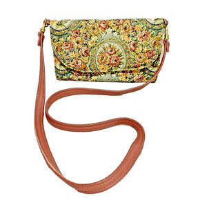 Vintage Floral Tapestry Clutch Purse Pink Leather Strap Convertible Shoulder Bag